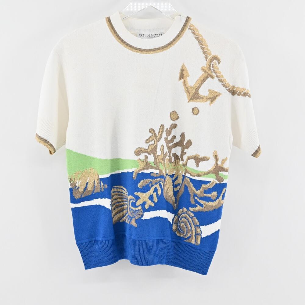 ST JOHN Sweater Womens Size MP Santana Knit Wool Blend Nautical Ocean Dog Show